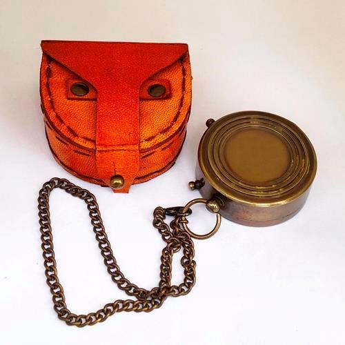 Handmade Nautical Brass Antique Flat Pocket Compass With Leather Case