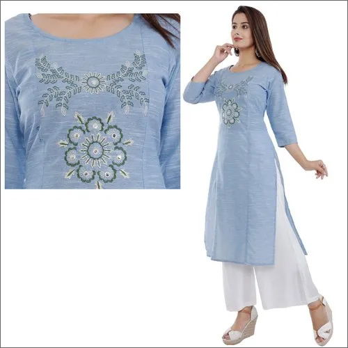 Blue Cotton Embroidery Palazzo Suit