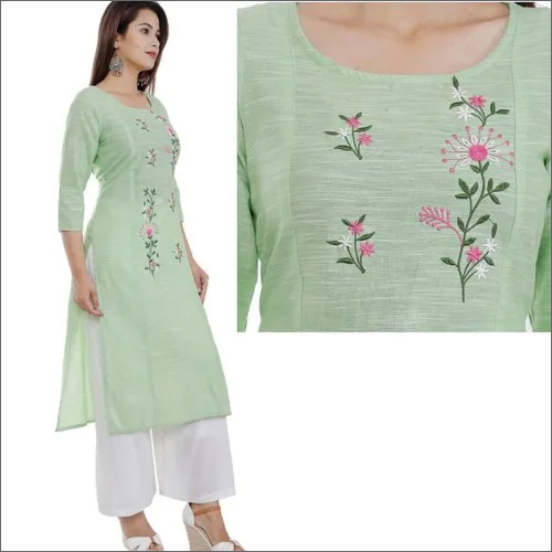 Green Rayon Embroidery Palazzo Suit