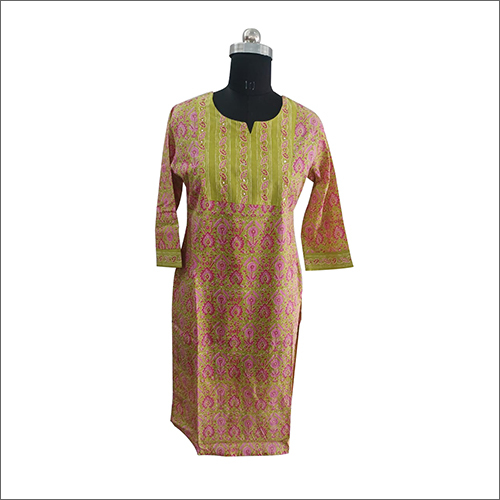 Green And Pink Cotton Printed Kurti Pant