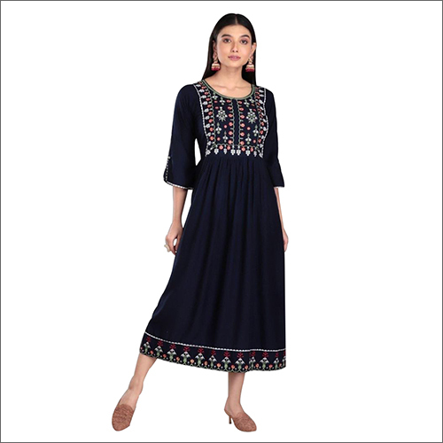 Black Cotton Embroidered Long Anarkali Kurti