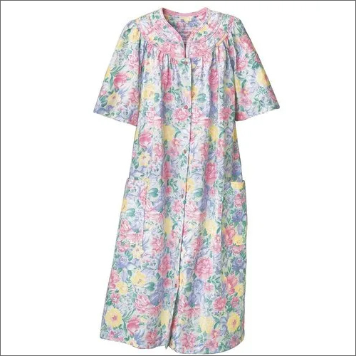 Ladies Printed Night Gown - Cotton, Full Length, Multicolor | Half Sleeve, Washable, Lightweight Design For Ultimate Comfort