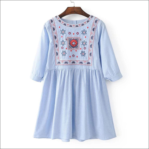 Blue Cotton Self Yarn Dyed Embroidered Top