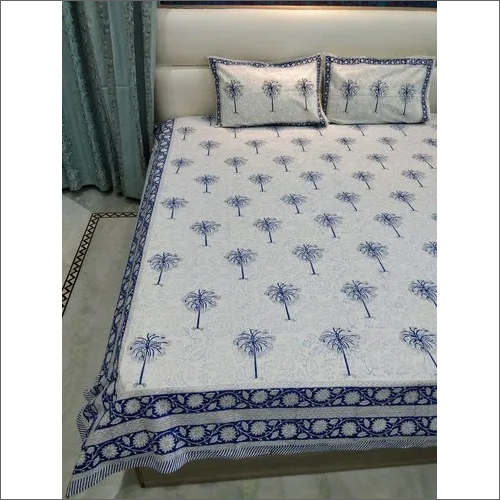 ब्लू कॉटन प्रिंटेड डबल बेड शीट