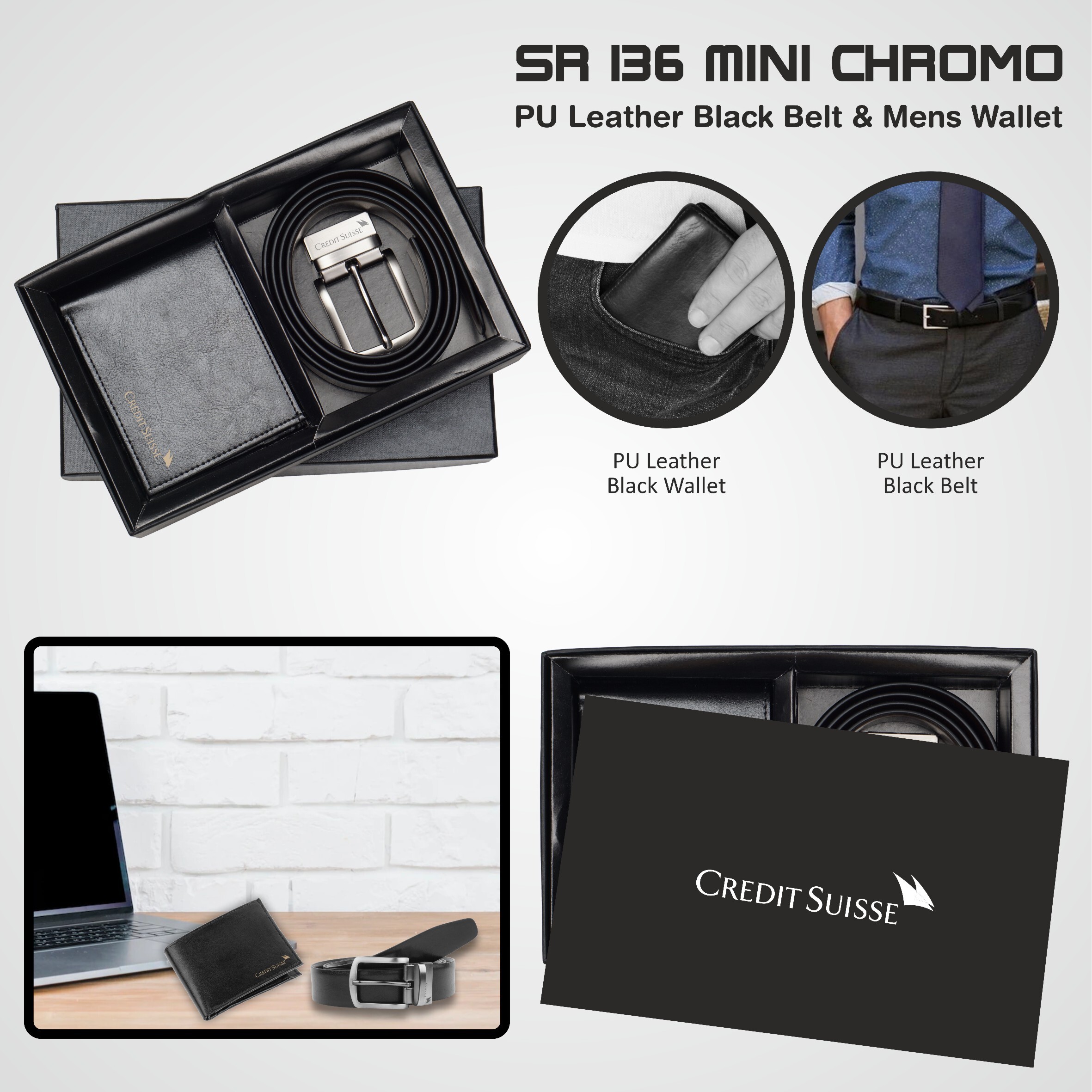 2 In 1 Wallet Belt Combo Set Sr 136 Mini Chromo - Pu Leather, Black Color | Corporate Gift For Industrial Business Use, No Logo Included