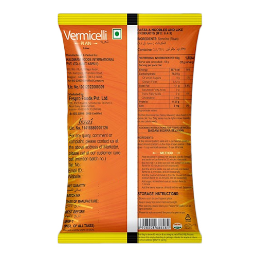 400 Gm Plain Vermicelli - Semolina Base, Dried, Yellowish Color | Fat-free, Cholesterol-free, Low Sodium, Perfect For Kheer & Upma