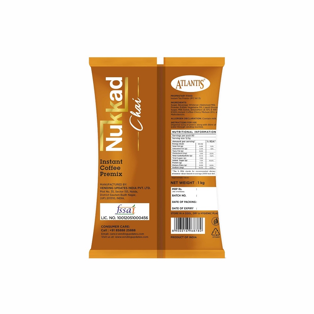 Atlantis Nukkad 3-in-1 Instant Coffee Powder Premix - 1 Kg Pack | Smooth And Sweet Flavor, 100% Vegetarian, 6 Months Shelf Life