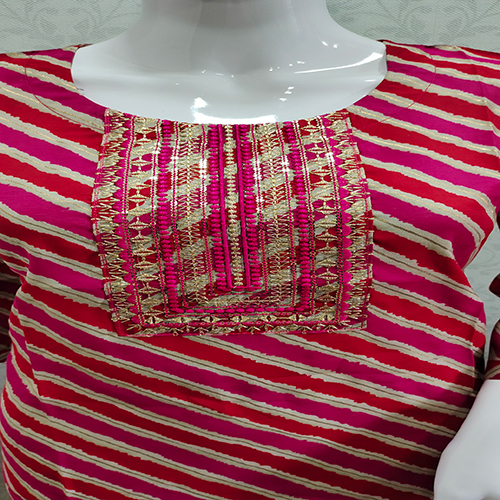 Modal Chanderi Silk Dori Kashab Worked Kurti - Size M-l-xl-xxl-3xl 4 Color Options | Breathable Washable 3/4th Sleeve Printed Pattern Interlocked Design