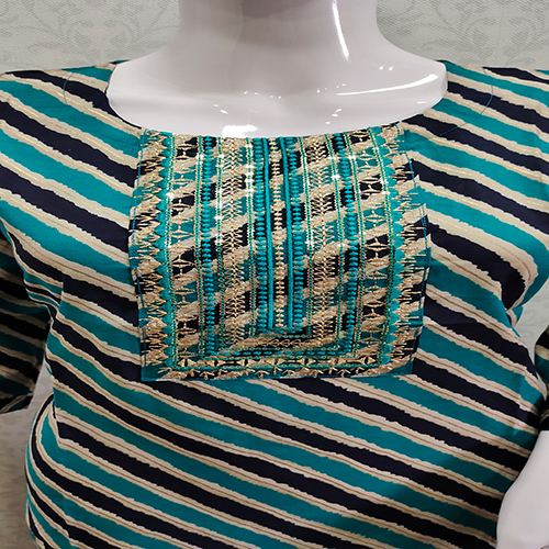 Modal Chanderi Silk Dori Kashab Worked Kurti - Size M-l-xl-xxl-3xl 4 Color Options | Breathable Washable 3/4th Sleeve Printed Pattern Interlocked Design