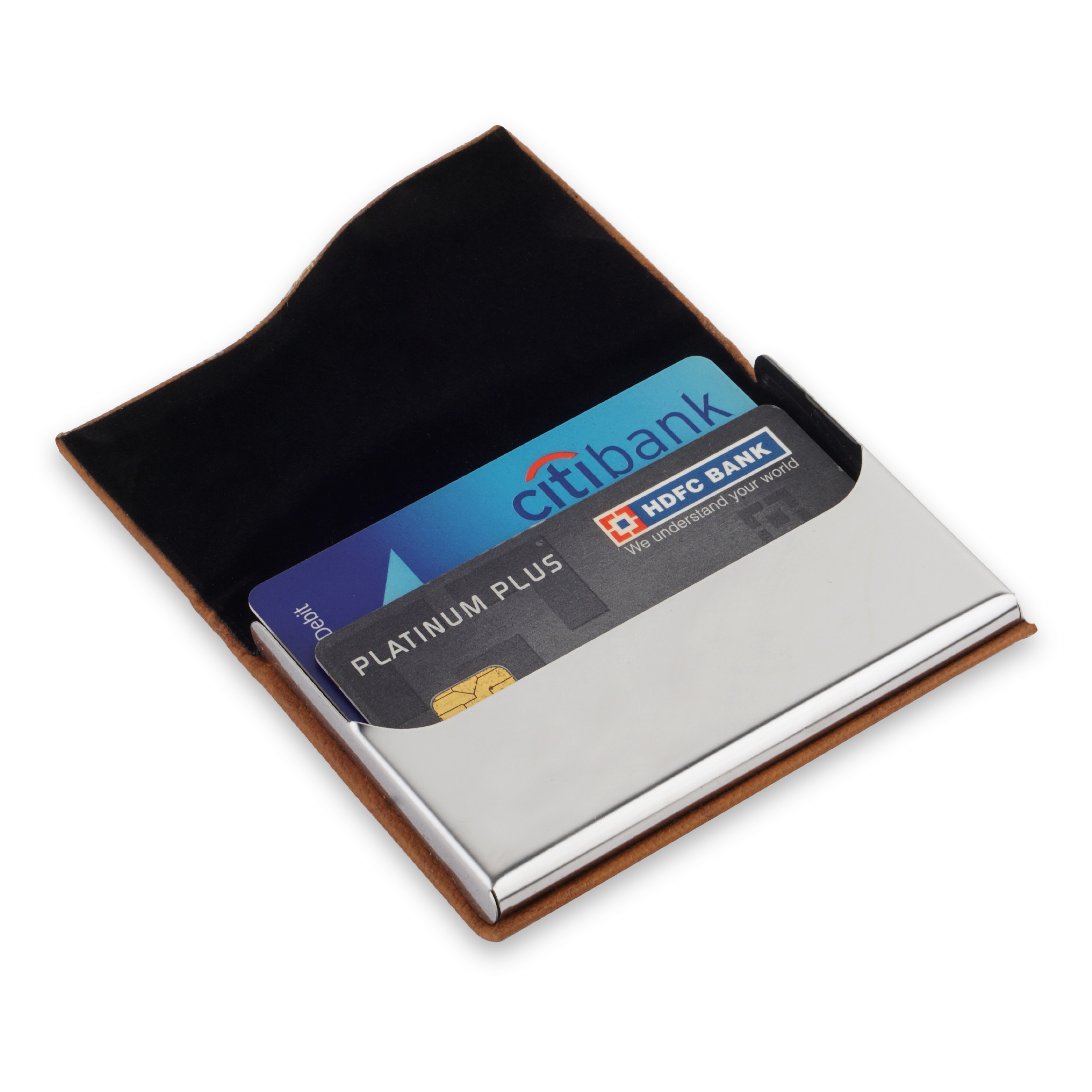 Stainless Steel Business Card Holder Ch 03 Smile - Brown Pu Leather And Metal Rectangle Shape For Professional Corporate Gifting