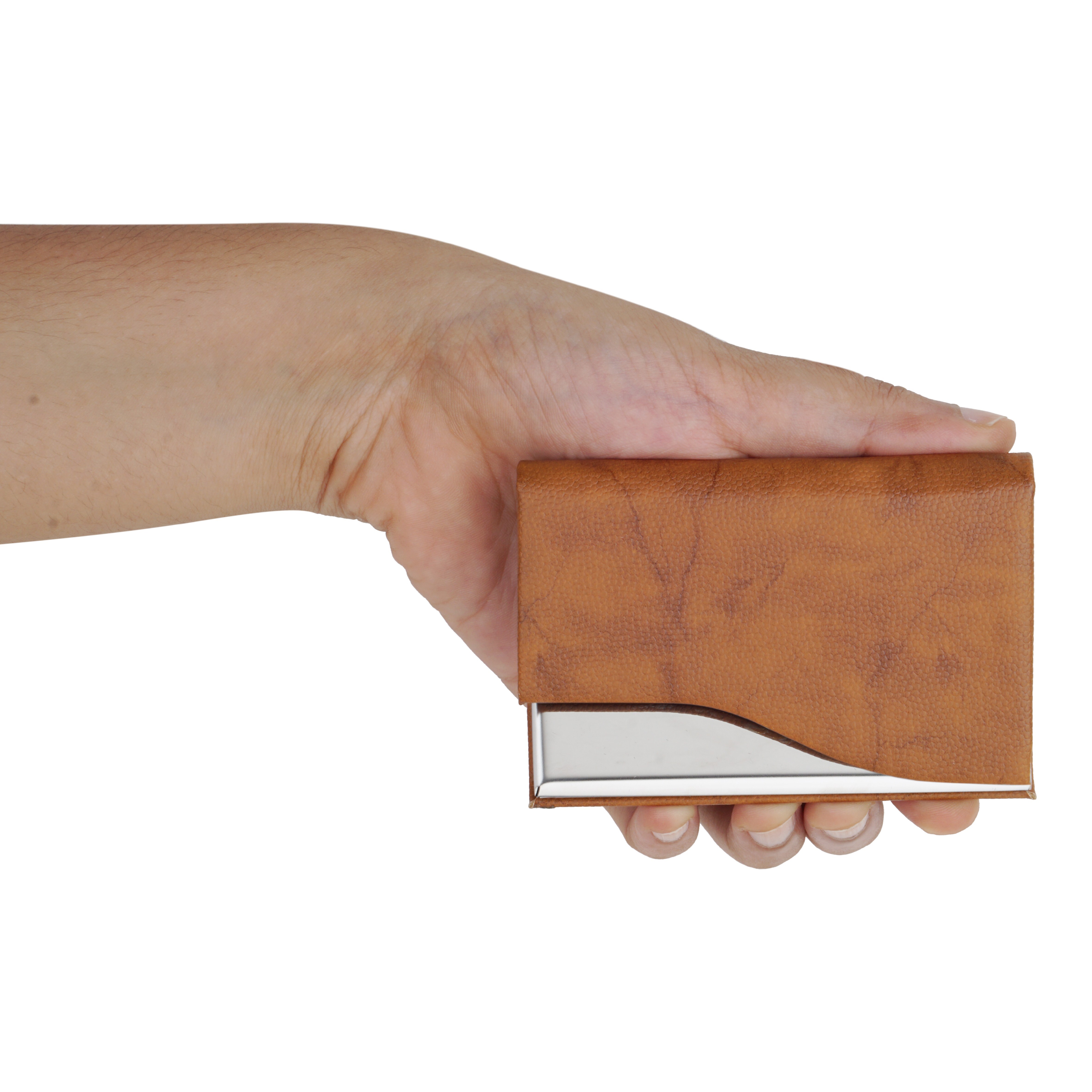 Stainless Steel Business Card Holder Ch 03 Smile - Brown Pu Leather And Metal Rectangle Shape For Professional Corporate Gifting