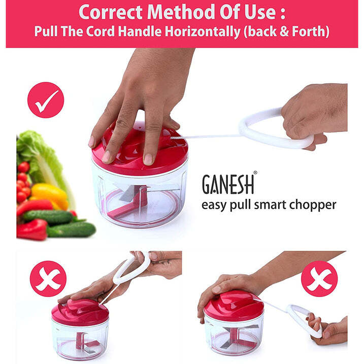 Plastic Vegetable Cutter - Stainless Steel Blades, Red | Sharp Blades With Comfort Grip, Anti-skid Base, Easy Pull Cord, Ideal For Chopping Fruits And Vegetables