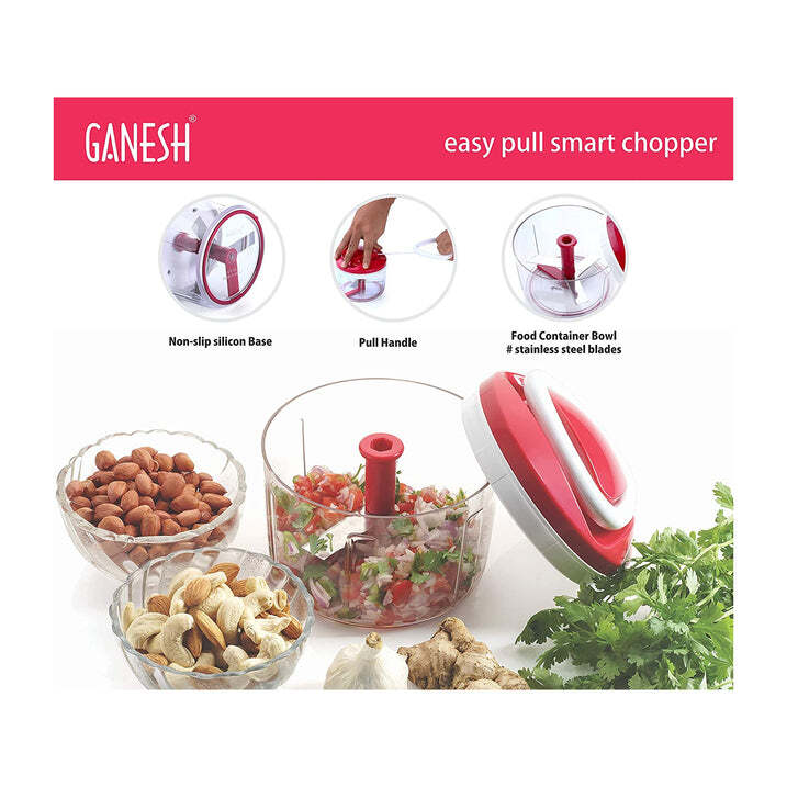 Plastic Vegetable Cutter - Stainless Steel Blades, Red | Sharp Blades With Comfort Grip, Anti-skid Base, Easy Pull Cord, Ideal For Chopping Fruits And Vegetables