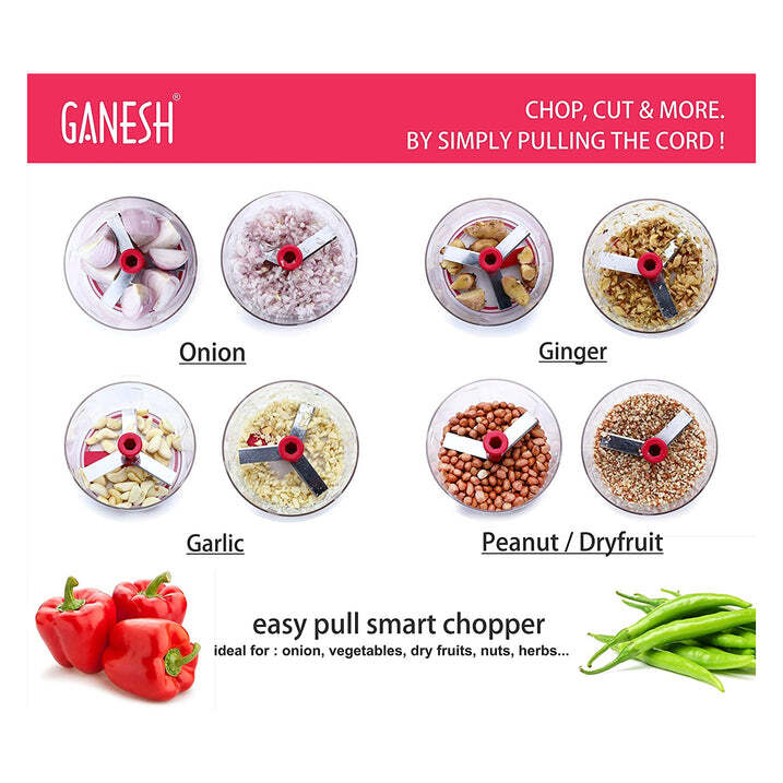 Plastic Vegetable Cutter - Stainless Steel Blades, Red | Sharp Blades With Comfort Grip, Anti-skid Base, Easy Pull Cord, Ideal For Chopping Fruits And Vegetables