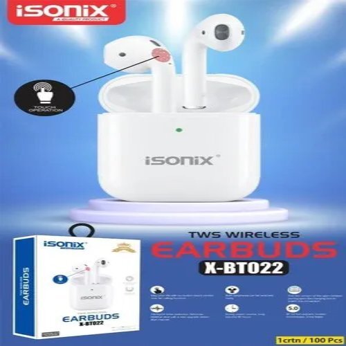 Airpods Earphones - Isonix Bt022, White | 80 Hours Standby, Clear Sound, Easy Automatic Pairing, Soft Comfort, Wireless Audio, Gym & Sports Use