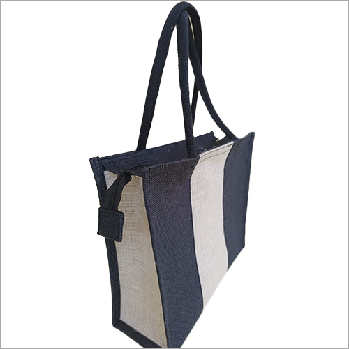 Navy Blue And White Normal Zipper Jute Fancy Bag