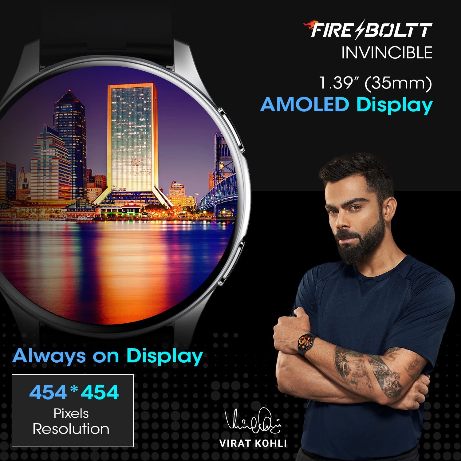 Fire Boltt Invincible - Metal & Silicone, 454*454 Pixels Resolution, 100 Sports Modes, Always-on Display, Bluetooth Calling, Long Battery Life
