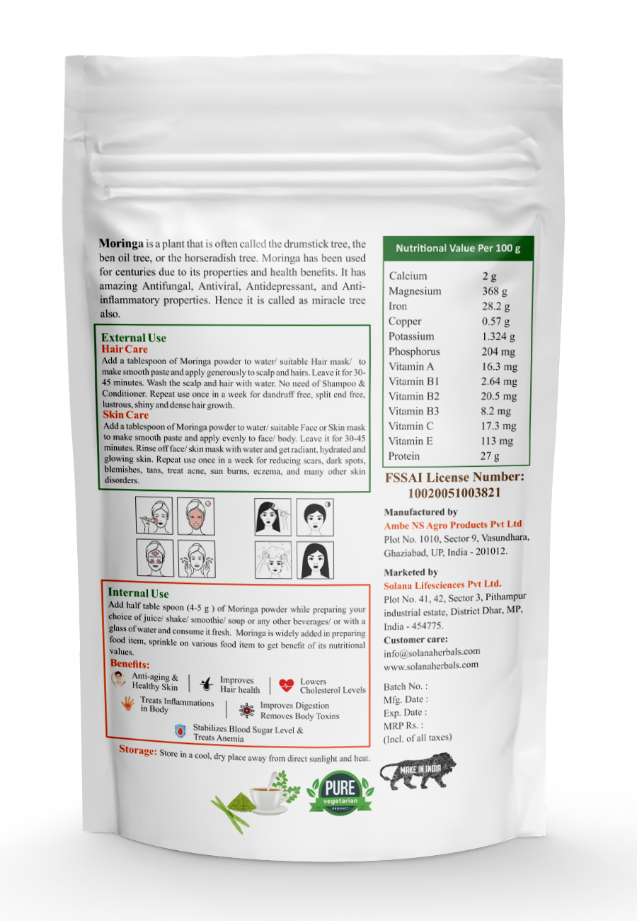Moringa Powder - 100% Pure Moringa, Antioxidant Herbal Powder | Conventional & Organic Grades, 4-5g Daily Dosage, Easy To Use
