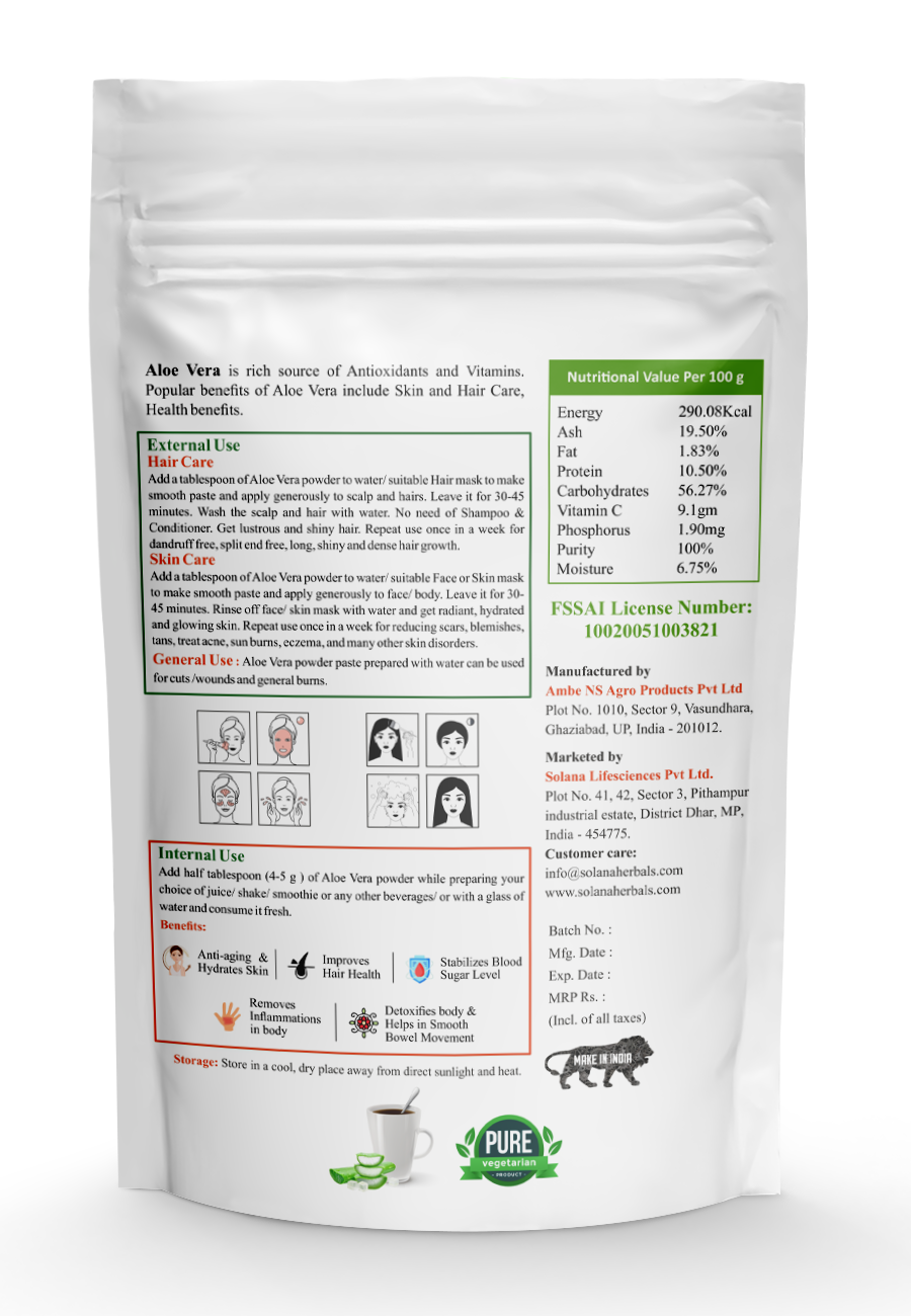 Aloe Vera Powder - 100% Pure Herbal Powder, Conventional & Organic Grades | Skin & Hair Care, Anti-aging, Daily Dosage 4g With Beverage