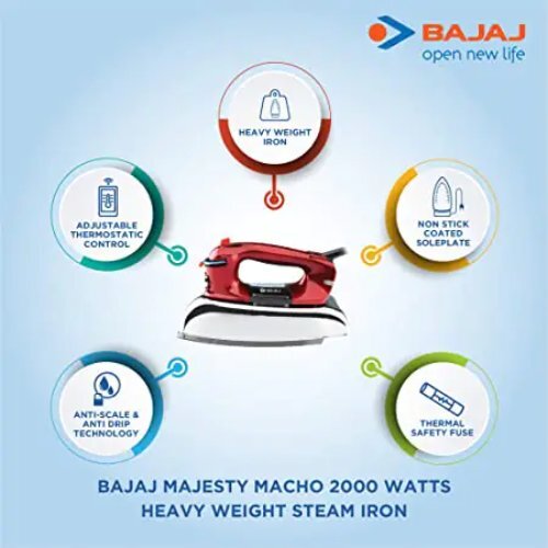 Steam Iron Box - Metal & Plastic Material, 2000 Watts, Pink Color, 1.72 Kg Weight | Fast Heating, Powerful Steam, Easy Handling, Durable Build