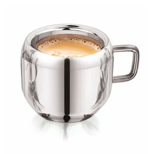 100 Ml Stainless Steel Double Wall Tea Cup - 60mm Size, Silver Color | Apple Design, 90gm Weight, Box Packaging By Sagar