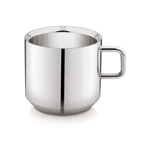 Stainless Steel Double Wall Tea Cup - 65mm Size, Mirror Polish Finish, Silver Color, Chandramukhi Plain Design