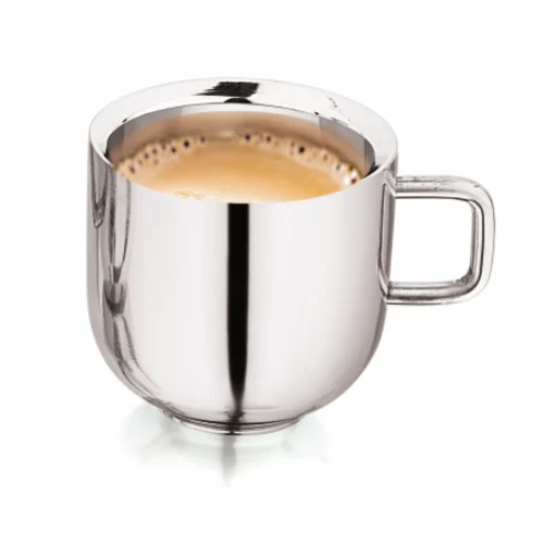 Mirror Polish Stainless Steel Double Wall Tea Cup - 100ml Capacity , Classic Plain Design, 65mm Size, Silver Color, 90gm Weight