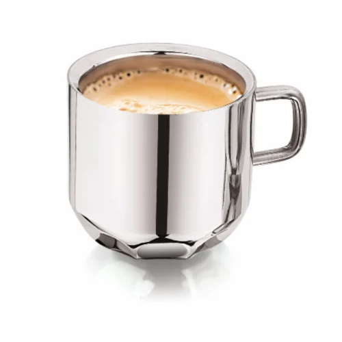 Diamond Design Stainless Steel Double Wall Tea Cup - 125ml Capacity, 65mm Size, Silver Color | Mirror Polish Finish, Box Packaging