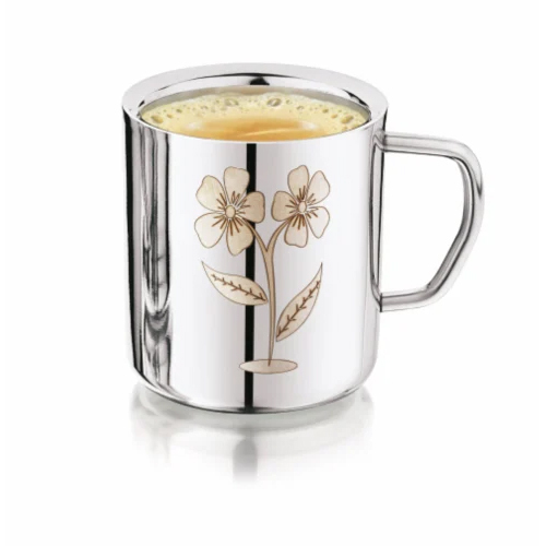 200 Ml Stainless Steel Double Wall Coffee Cup - 80mm Size, Silver Color | Mirror Polish Finishing, Sober Flower Laser Print Design