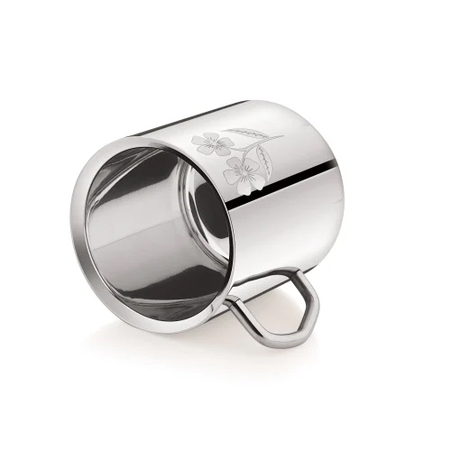 200 Ml Stainless Steel Double Wall Coffee Cup - 80mm Size, Silver Color | Mirror Polish Finishing, Sober Flower Laser Print Design