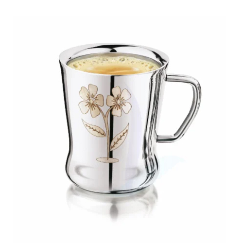 80 Mm Stainless Steel Double Wall Coffee Cup - 170 Ml Capacity, Silver Color, Spice Flower Laser Print Design, Box Packaging