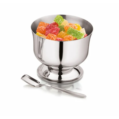 चम्मच के साथ सिल्वर स्टेनलेस स्टील आइसक्रीम राउंड कप