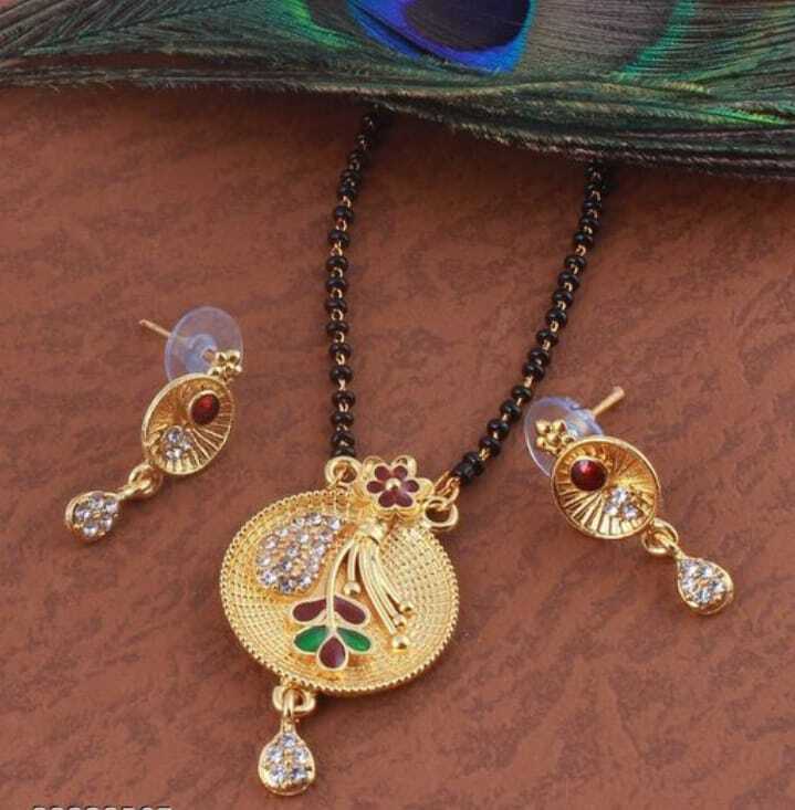 Mangalsutra Set - Alloy Necklace With Black Chain & Push Back Earrings | Copper Gold Plating, Elegant Card Packing, 35 Grams