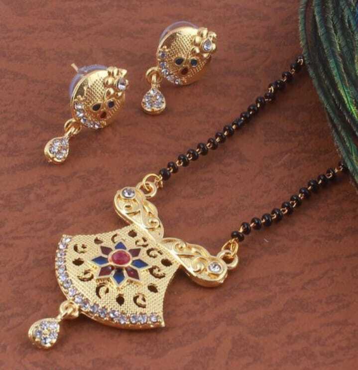 Mangalsutra Set - Alloy Necklace With Black Chain & Push Back Earrings | Copper Gold Plating, Elegant Card Packing, 35 Grams