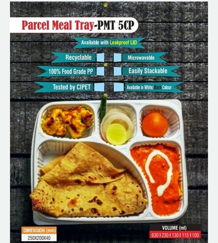 5 Partition Tray Without Lid - 140 X 190 Mm Size, 500 Gm Capacity , Transparent Pp Material, Rigid Plastic, Disposable Rectangle Tray