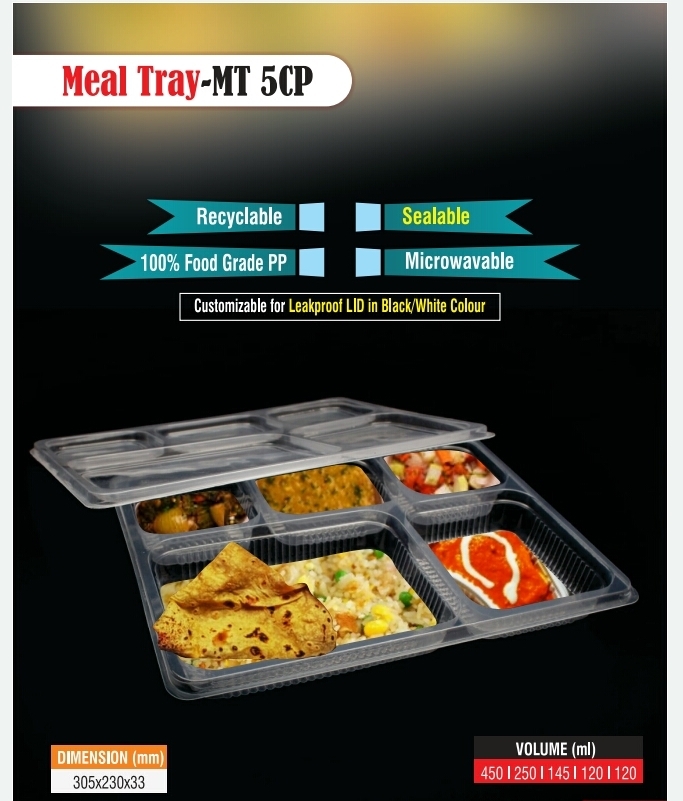 5 Partition Tray Without Lid - 140 X 190 Mm Size, 500 Gm Capacity , Transparent Pp Material, Rigid Plastic, Disposable Rectangle Tray