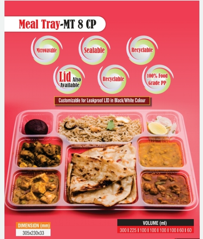 8 Partition Tray Without Lid - Pp Material, 140 X 190 Mm, 500 Gm Capacity , 3 Compartments, Transparent, Rigid Plastic, Disposable, Rectangle Shape