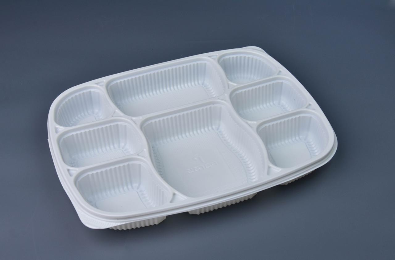 8 Partition Tray Without Lid - Pp Material, 140 X 190 Mm, 500 Gm Capacity , 3 Compartments, Transparent, Rigid Plastic, Disposable, Rectangle Shape