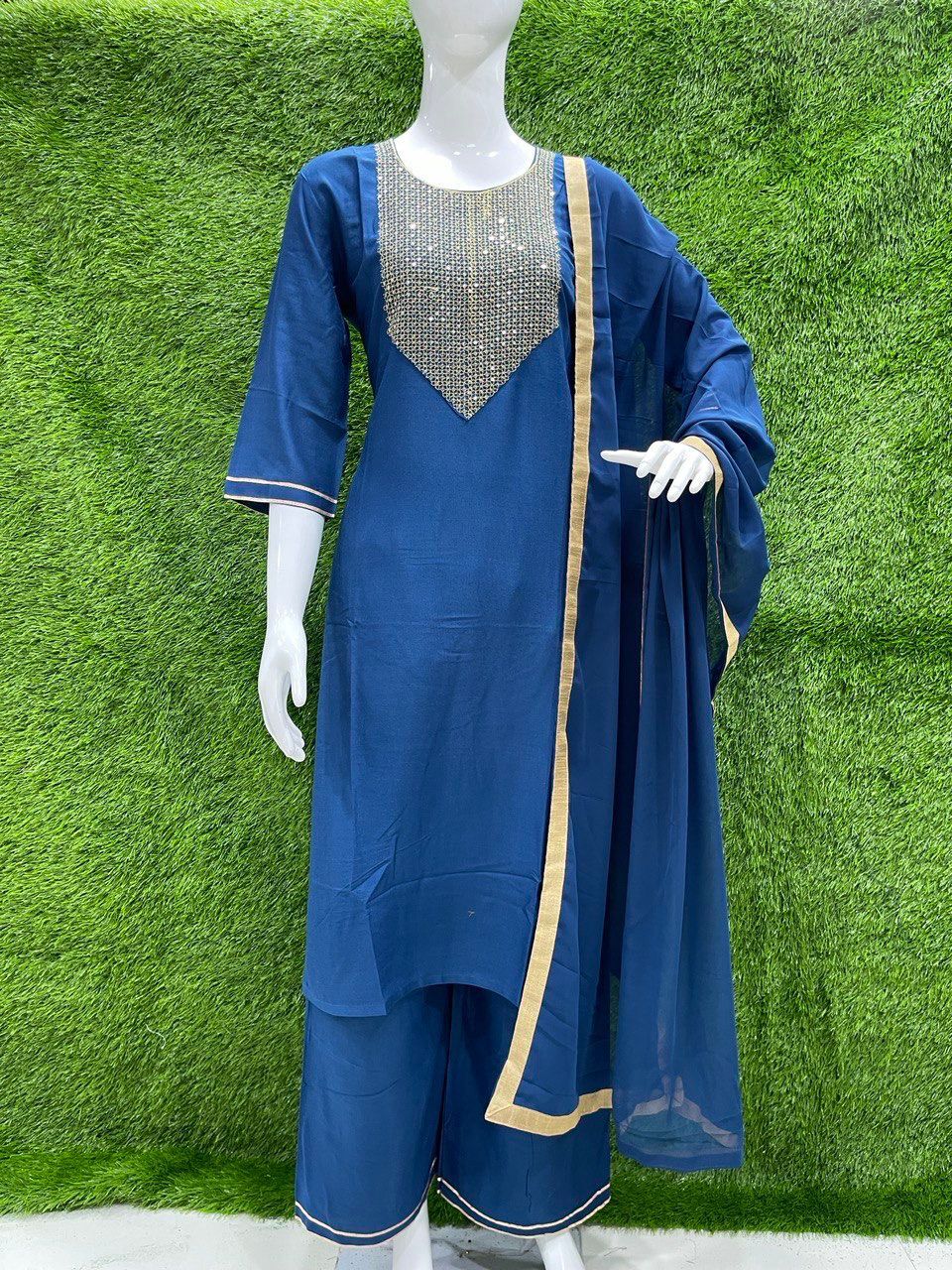 Nency Blue Kurti Plazzo Decoration Material: Sequins