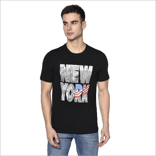 T9105-BL Mens T-Shirt RN - Cotton-Polyester Blend 52/48, Black Color, Half Sleeves, Trendy Round Neck Design, Printed Pattern