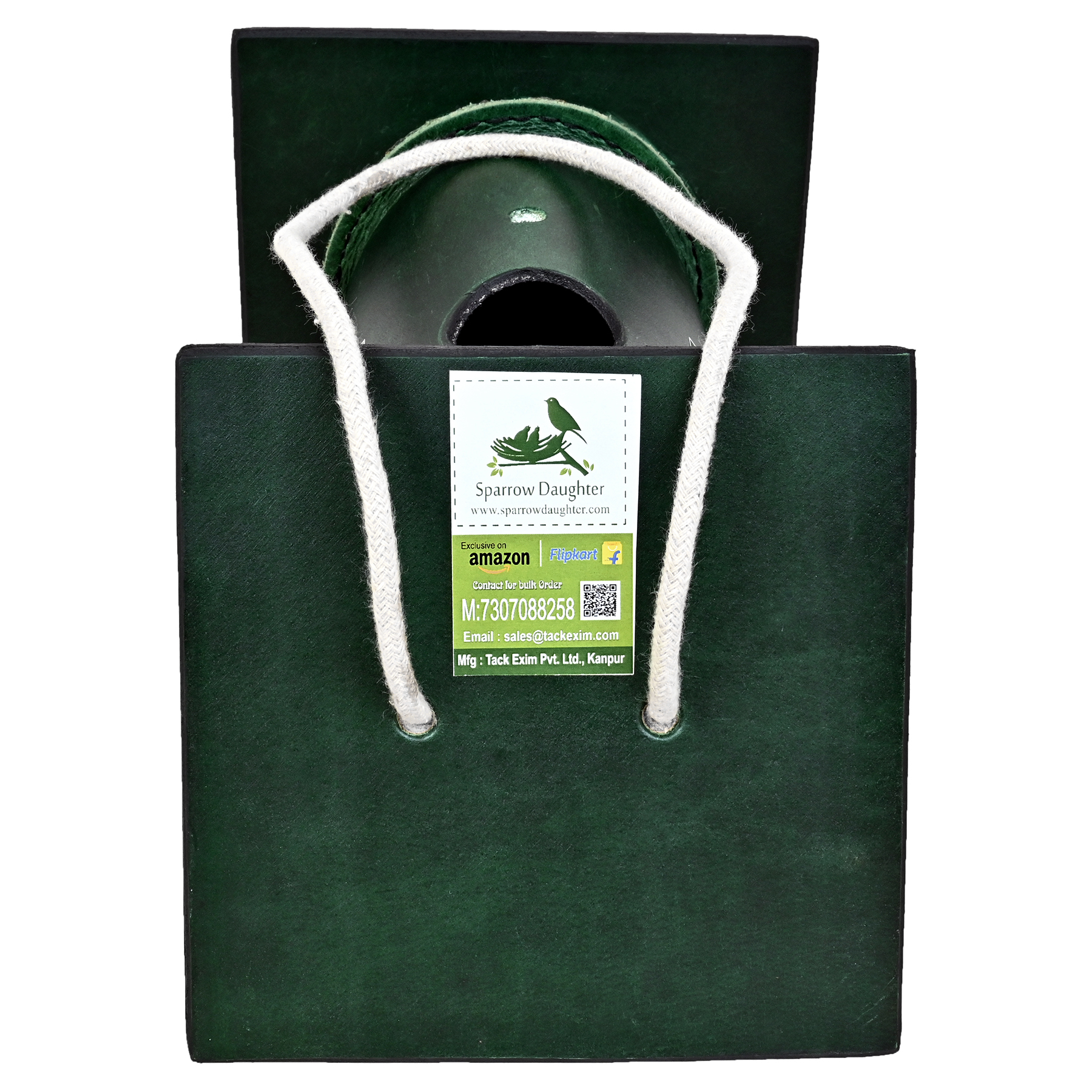 Handcrafted Bamboo Birdhouse - Leather, Vegan Leather, Synthetic Leather, 15x15x24 Cm, Green | Easy Installation, Attractive Design, Safe For Small Birds