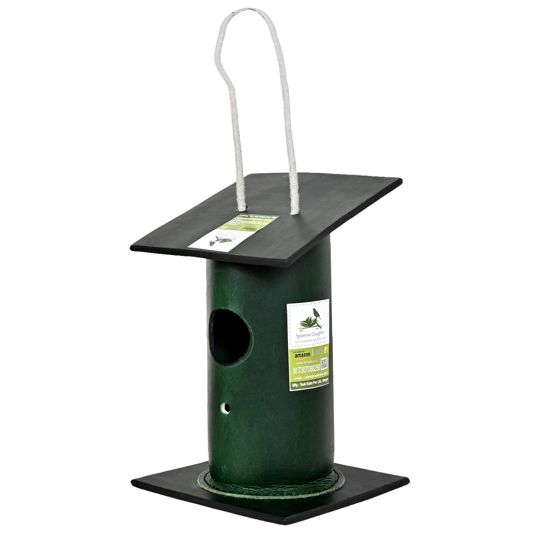 Handcrafted Bamboo Birdhouse - Leather, Vegan Leather, Synthetic Leather, 15x15x24 Cm, Green | Easy Installation, Attractive Design, Safe For Small Birds