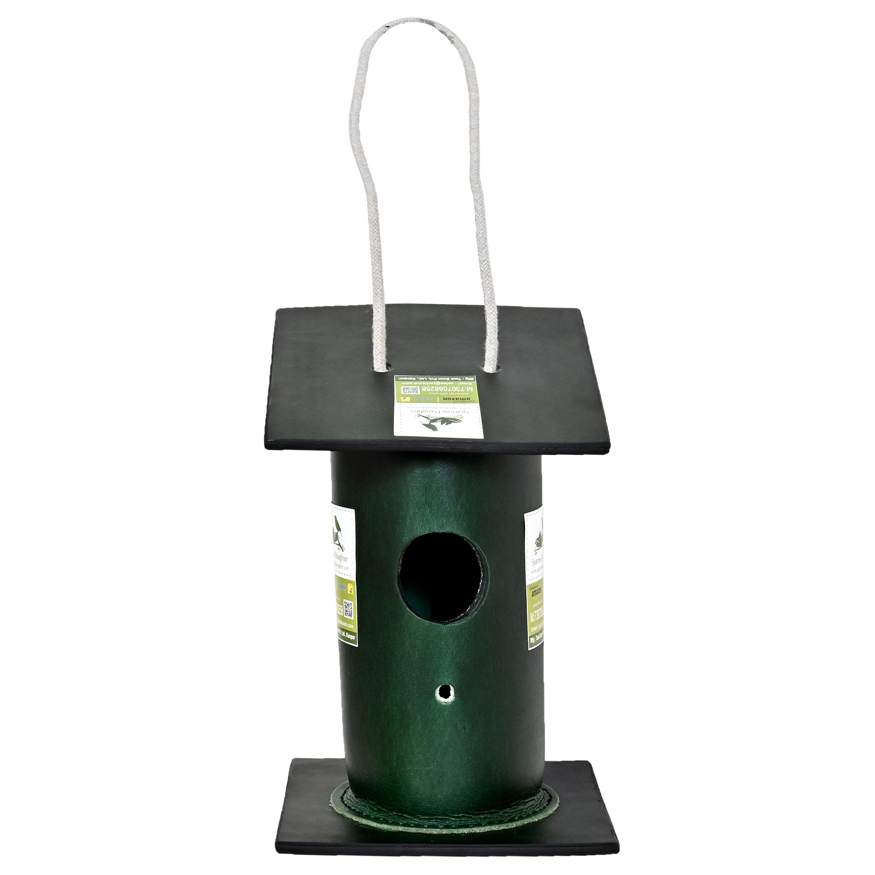 Handcrafted Bamboo Birdhouse - Leather, Vegan Leather, Synthetic Leather, 15x15x24 Cm, Green | Easy Installation, Attractive Design, Safe For Small Birds