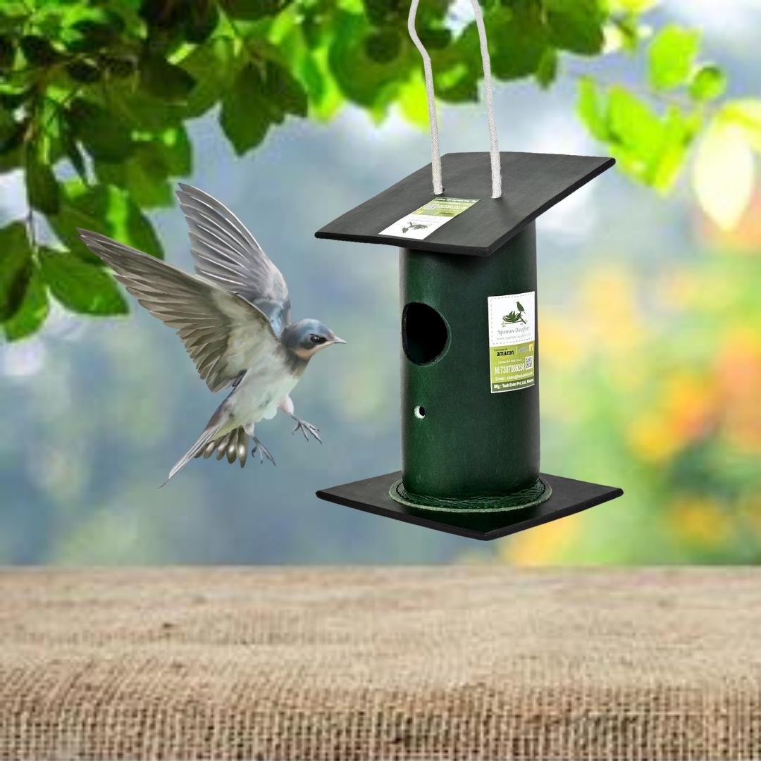 Handcrafted Bamboo Birdhouse - Leather, Vegan Leather, Synthetic Leather, 15x15x24 Cm, Green | Easy Installation, Attractive Design, Safe For Small Birds