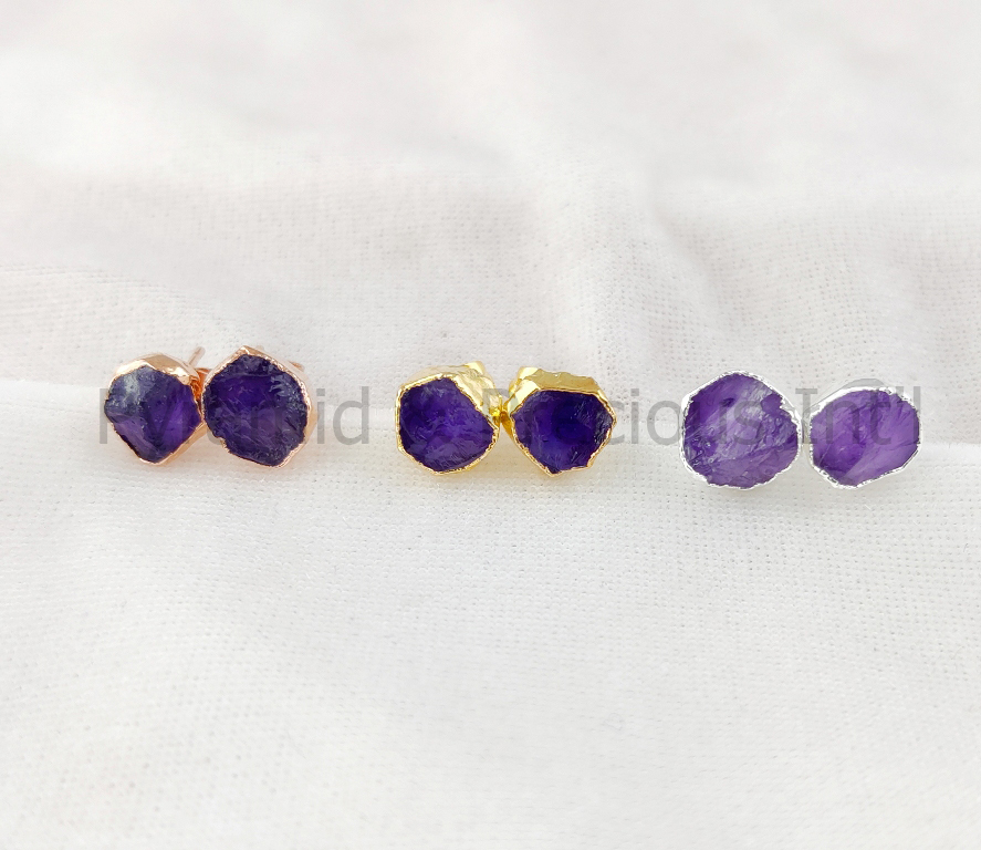 Natural Raw Gemstone Electroplated Birthstone Stud Earring