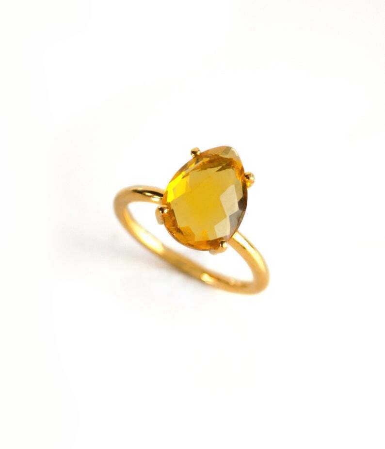 Gemstone Tear Drop Prong Set Gold Vermeil Silver Ring