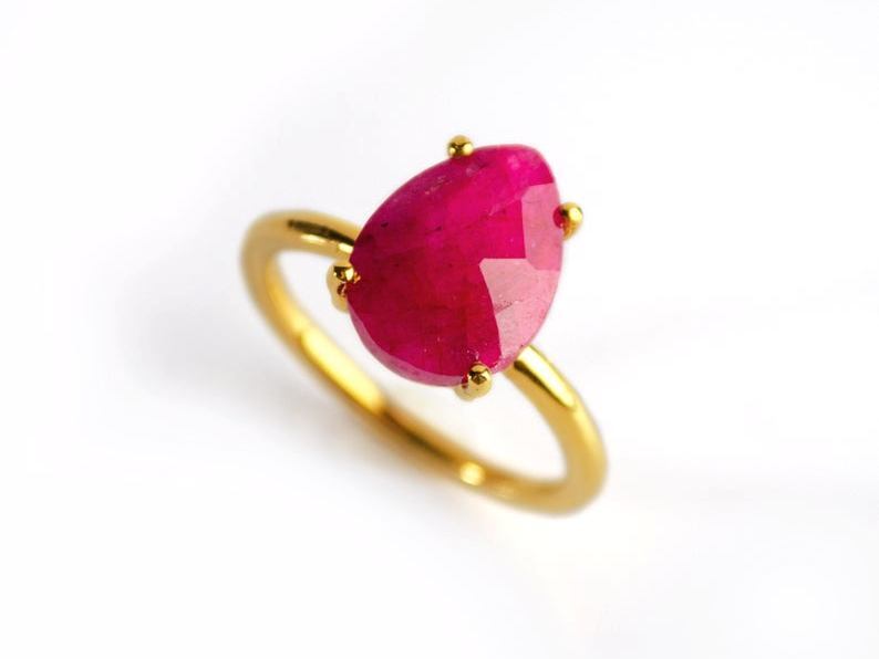 Gemstone Tear Drop Prong Set Gold Vermeil Silver Ring