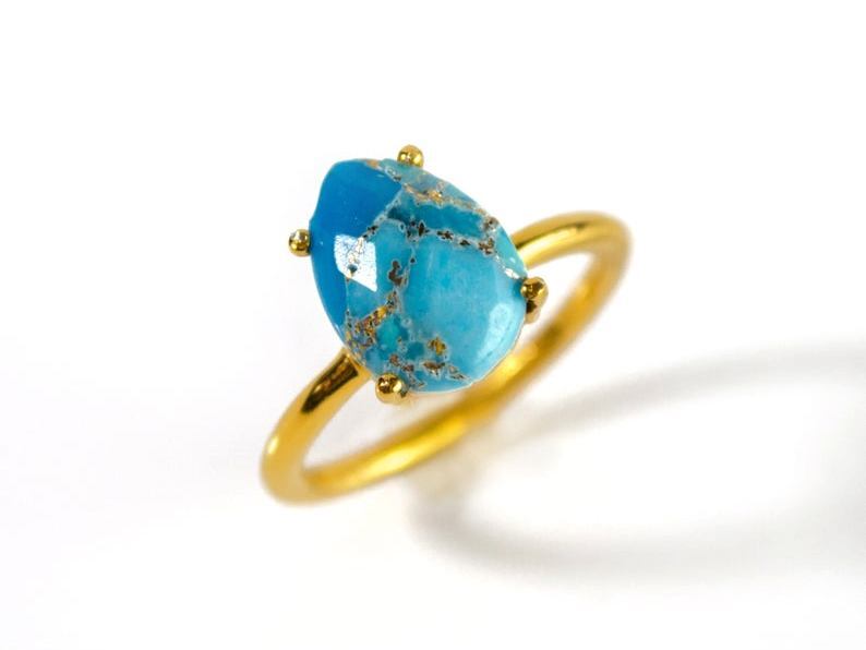 Gemstone Tear Drop Prong Set Gold Vermeil Silver Ring