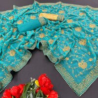 पार्टी वियर हिरल स्काई ब्लू जॉर्जेट साड़ी