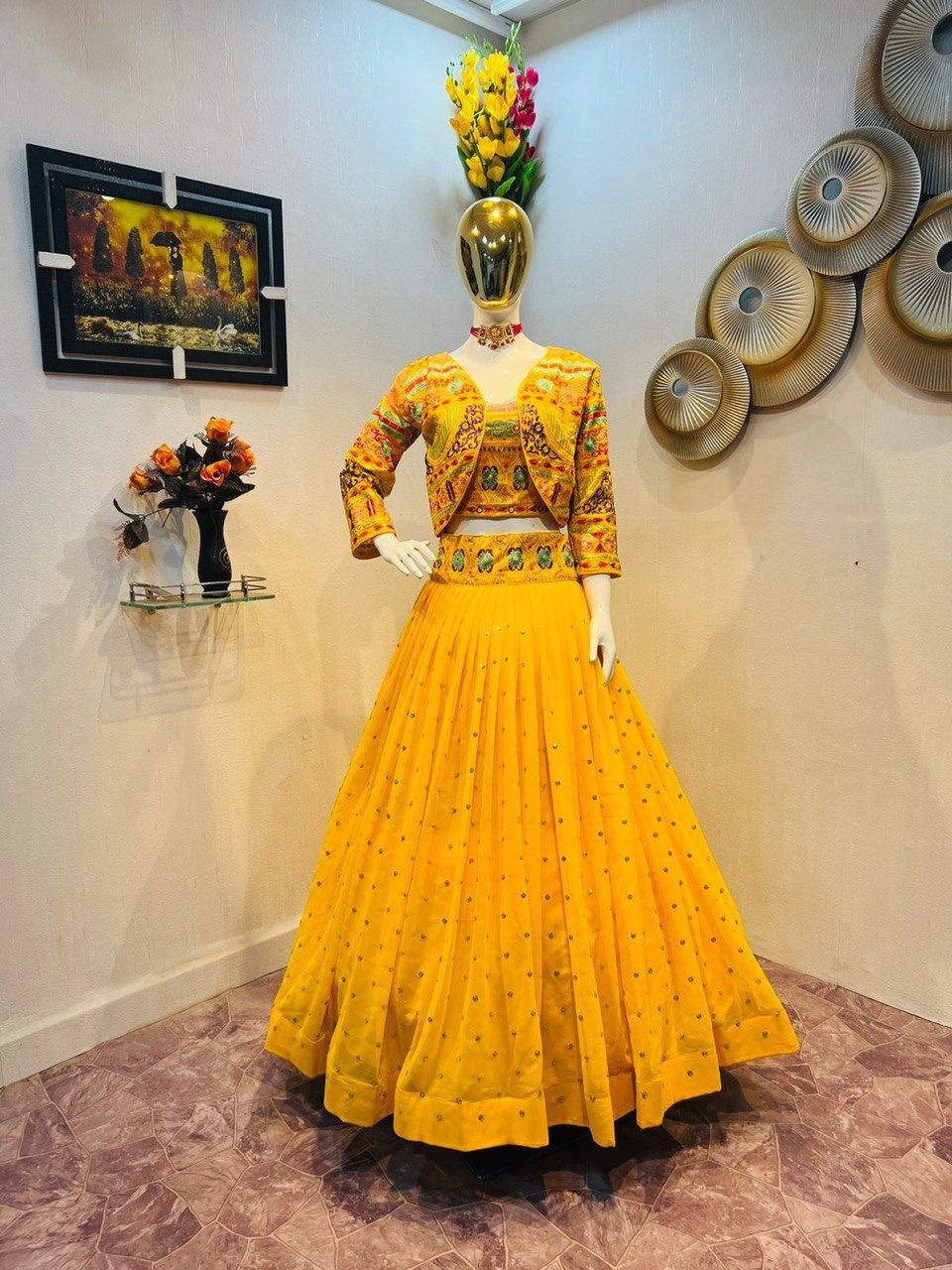 Women Fox Gorgette With Multi Color Embroidery Lehengas...